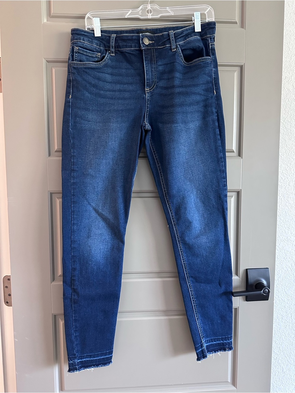 Prosperity Denim Dark Blue Ankle Skinny Jeans with frayed hem